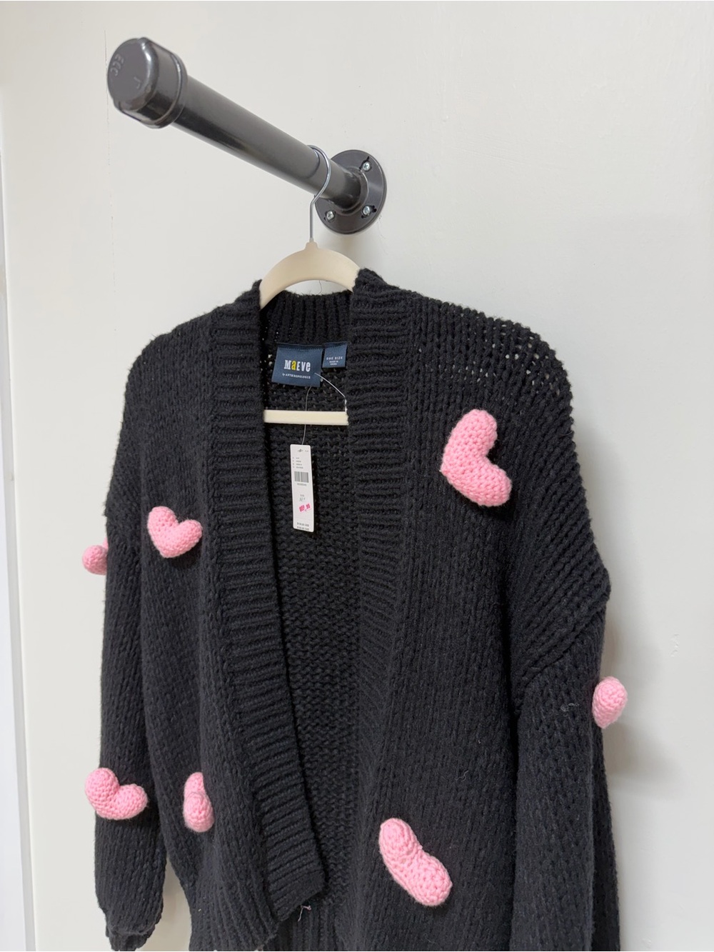 Maeve Anthropologie Black Pink Heart Cardigan NWT One Size